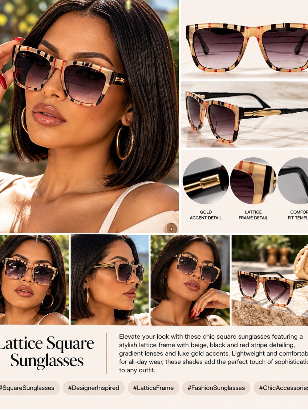 Lattice Square Sunglasses - Beige Black Red Frame